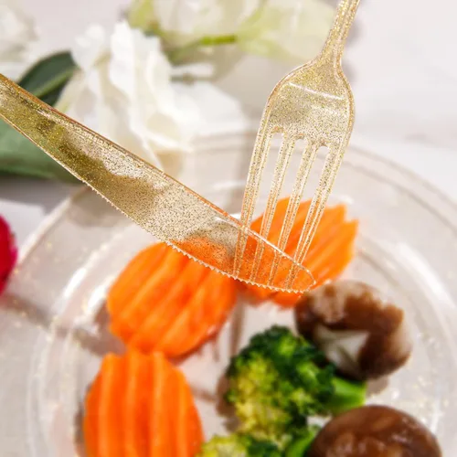 Miniatura 7 de Supernal Juego de 300 piezas de cubiertos de plástico dorados con purpurina desechables. Incluye 100 tenedores, 100 cucharas y 100 cuchillos. Sirve