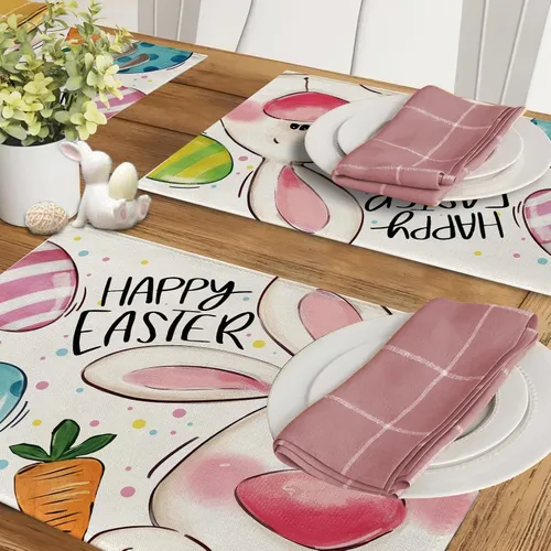 Miniatura 6 de Seliem Juego de 4 manteles individuales con diseño de conejo de Pascua, lindos huevos de conejo, zanahoria, lunares, rayas, manteles individuales