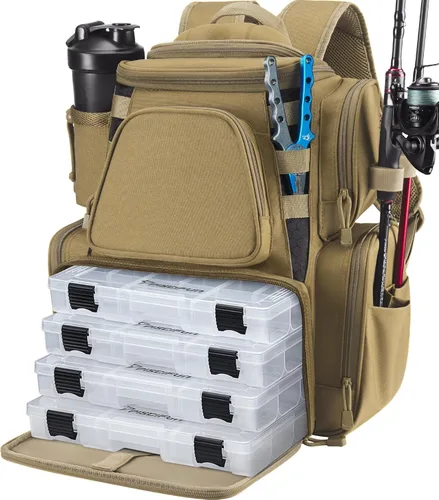 Miniatura 11 de Piscifun Mochila de pesca con 2 soportes para caña y 4 cajas de aparejos, bolsa grande de almacenamiento de aparejos con cubierta de lluvia