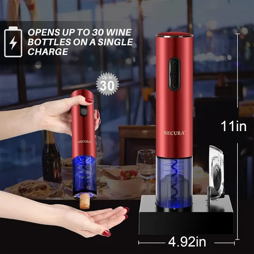 Miniatura 4 de Secura Abridor de vino eléctrico, sacacorchos eléctrico automático de botellas de vino con cortador de papel de aluminio, recargable (rojo)