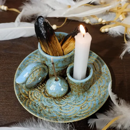 Miniatura 6 de MOUGIGI Quemador/Soporte de Palo Santo de Cerámica 5 en 1 Azul - Pequeño Portavelas y Bandeja/Cuenco para Quemar Sahumerios, Compatible con Plato