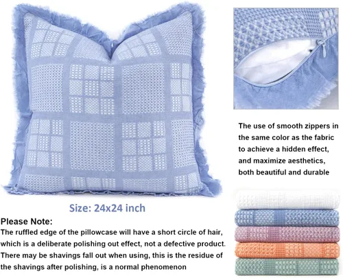 Miniatura 4 de Juego de 2 fundas de almohada de algodón con diseño de gofre de 24 x 24 pulgadas, fundas decorativas cuadradas europeas decorativas para sofá