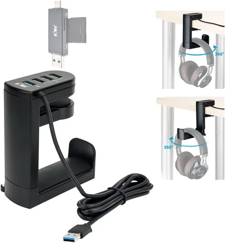 KIWIFOTOS Soporte para auriculares con 4 puertos USB, soporte para auriculares para juegos de PC, abrazadera de rotación de 360 grados, soporte de