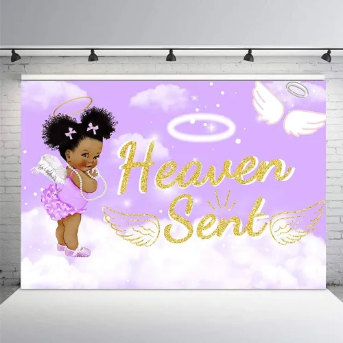 Miniatura 4 de MEHOFOND Telón de fondo para fiesta de baby shower, 7 x 5 pies, cielo morado, nube, blanco, alas de ángel, decoración de alas de ángel, regalo