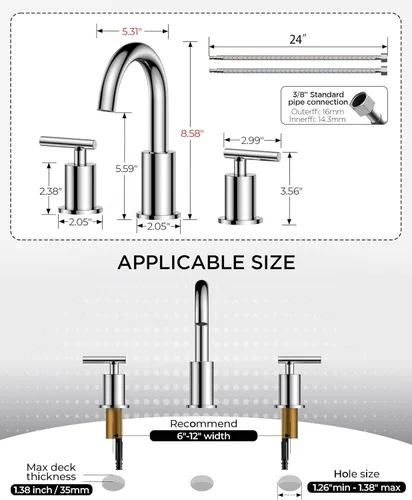 Miniatura 8 de FORIOUS Grifo de baño cromado de 3 agujeros, 8 pulgadas, grifo de lavabo de baño de cromo pulido de 6 pulgadas con drenaje desplegable de metal