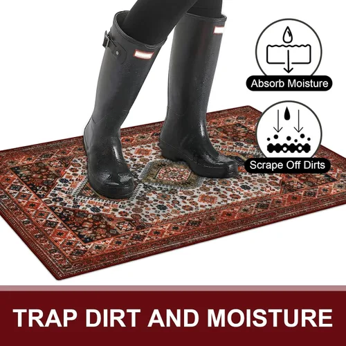 Miniatura 3 de Collive Tapete lavable para interiores, tapete retro antideslizante de bienvenida de 20" x 32" pulgadas, alfombra de área de absorción rápida, Rojo