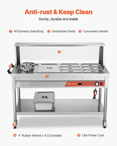 Miniatura 5 de VEVOR Calentador de alimentos comercial, 7 bandejas + 2 ollas, mesa de vapor eléctrica, 1800 W, calentador de alimentos profesional para catering