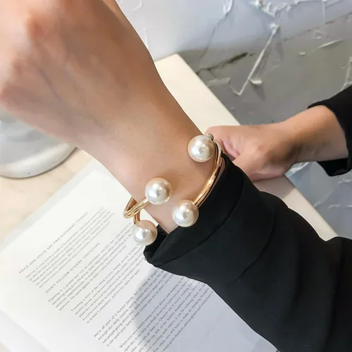Miniatura 3 de Long tiantian Brazalete de perlas doradas para mujer, pulsera asimétrica para muñeca, simple y a la moda, regalo para niñas