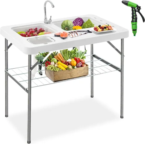 Giantex Mesa de limpieza de peces con 2 fregaderos, grifo, conexión de manguera, mesa de camping plegable portátil con marca de medición, estación