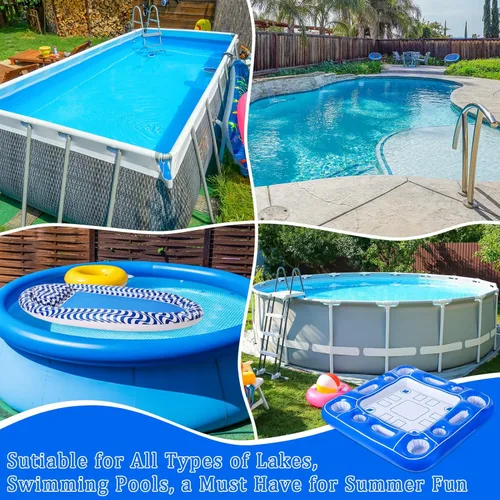 Miniatura 6 de Mesa de juego inflable para piscina con cartas impermeables (35.5 x 35.5 pulgadas, azul/blanco)