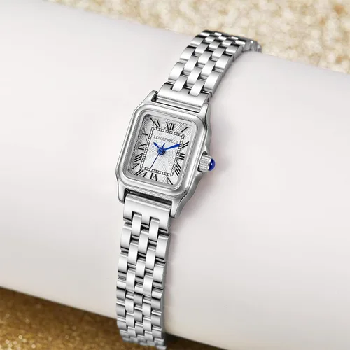 Miniatura 9 de Relojes pequeños de oro para mujer con funda rectangular vintage, esfera romana clásica, banda de acero inoxidable resistente al agua con cadena
