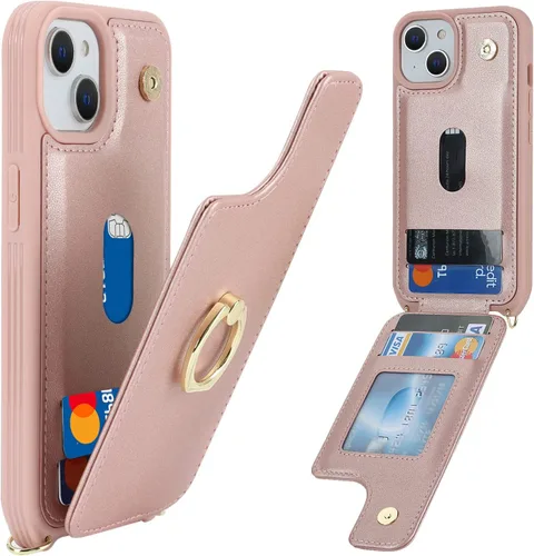 Miniatura 2 de Lipvina Funda para iPhone 14 Plus con tarjetero y correa para mujer, cordón cruzado, bloqueo RFID, soporte de anillo de soporte, cierre a presión