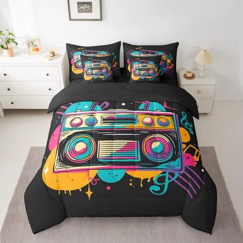 Miniatura 12 de Erosebridal Juego de ropa de cama de cassette vintage de los años 80 y 90, juego de edredón de 7 piezas para niños y adultos, retro, amarillo