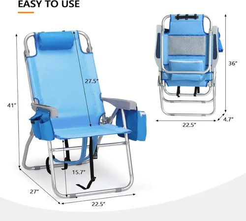 Miniatura 3 de VINGLI Silla de Playa Alta Paquete de 2 Ligera, Silla de Playa Tipo Mochila para Adultos con 5 Posiciones, Bolsa Refrigeradora, Portavasos, Barra