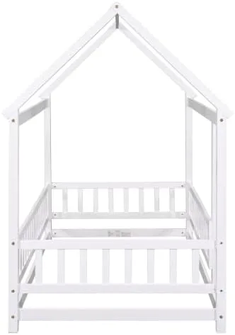 Miniatura 6 de Cama de suelo de tamaño individual con valla para niños pequeños, cama Montessori con techo de casa, marco de cama de piso de madera para niños