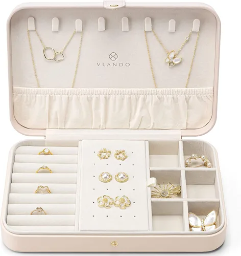 Miniatura 7 de Vlando Joyero de viaje para mujer, organizador de joyas de cuero portátil, para collares, aretes, anillos, pulseras, tamaño pequeño, regalos