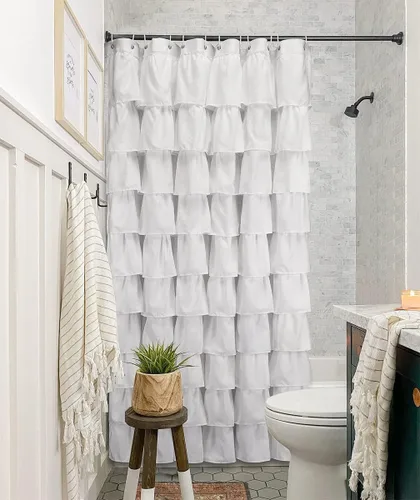 Miniatura 4 de Volens - Cortina de ducha de tela blanca con volantes para baño, 70 pulgadas de largo Blanco