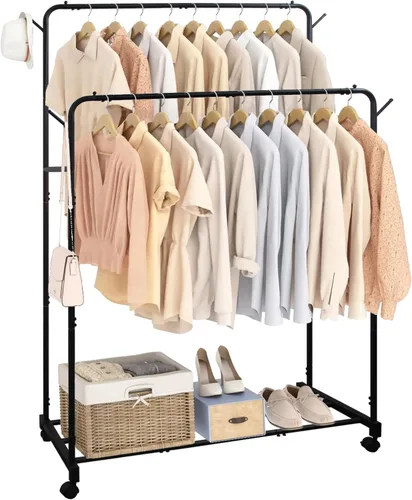AT-VALY Perchero de doble barra para ropa, de metal resistente con ruedas, estante portátil para armario con estante inferior y ganchos laterales,