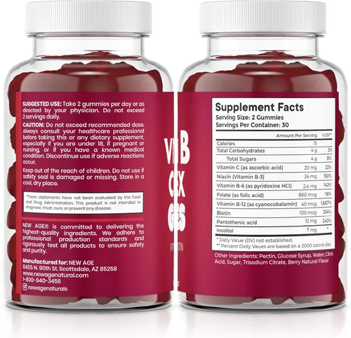 Miniatura 8 de NEW AGE - Gomitas de complejo de vitamina B con vitamina B3, B5, B6, B7, B9 y B12, con biotina, ácido fólico y vitamina C, sin gluten, veganas