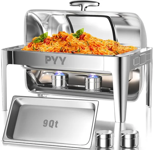 Miniatura 10 de Juego de buffet de platos de roce PYY con tapa enrollable, juego de 9 cuartos de galón de servidor de roce de acero inoxidable para catering, chafer