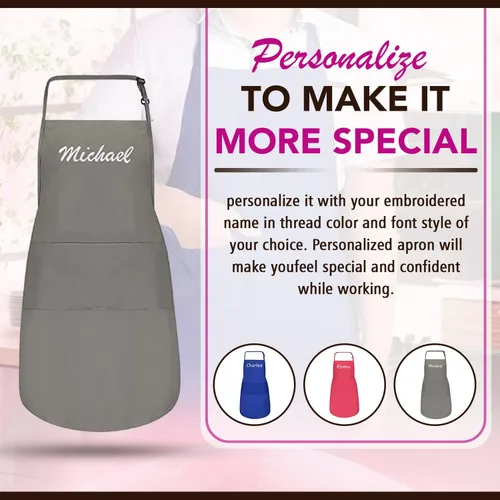 Miniatura 3 de Delantales personalizados para hombres y mujeres Delantal personalizado con nombre bordado y bolsillos para cocina, pintura, manualidades, salón