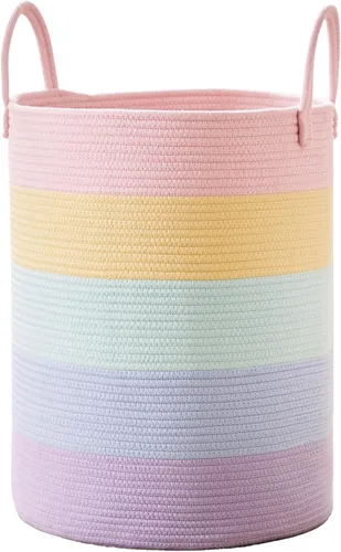 Miniatura 16 de 15Dx20H pulgadas Cesta de lavandería grande rosa para niños, cesta de lavandería de cuerda tejida para guardería, para habitación de niñas, Rosa1