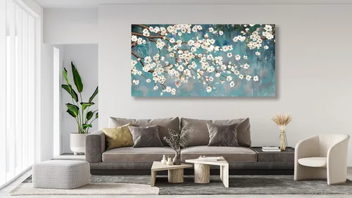 Miniatura 3 de Shoci Arte de pared de árbol de flores, lienzo grande de ramas florales blancas y marrones para sala de estar, pintura rústica, verde azulado