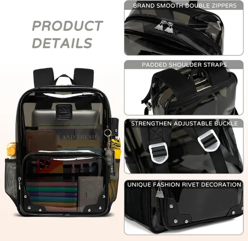 Miniatura 5 de Caoroky knight Mochila transparente resistente y transparente para laptop de 15.6 pulgadas, bolsa de viaje de TPU transparente para mujeres, Negro