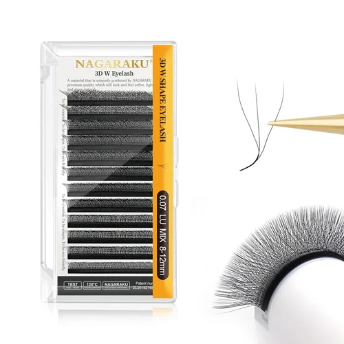Miniatura 217 de NAGARAKU Extensiones de pestañas Double Tips 4D W, suministros con puntas dobles, gruesas con rizado D de 0.07 mm, bandeja mixta 8-15 mm, 0.07-D