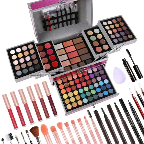 Set de regalo de maquillaje para mujeres y niñas, kit de maquillaje completo todo en uno con sombra de ojos, brillo de labios, corrector, rubor,