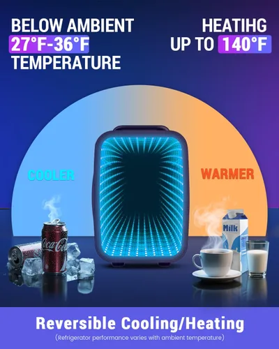 Miniatura 4 de FANSEXPERT Mini nevera, refrigerador pequeño de 4 litros/6 latas con luz LED regulable, mini enfriador y calentador portátil de CA/CC, refrigerador