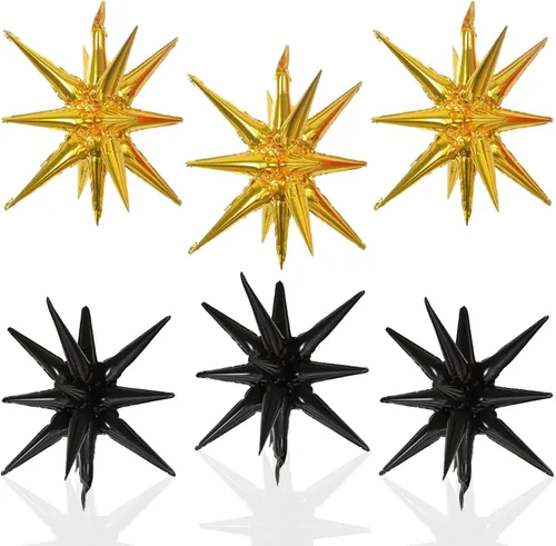 Miniatura 22 de 6 Globos de Papel de Aluminio con Forma de Estrella Negra de Una Pieza, Globo de Estrella de 14 Puntas 4D Cono Starburst de Mylar de 22 Pulgadas
