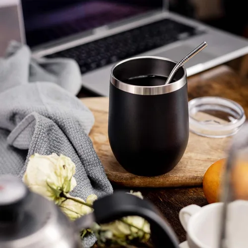 Miniatura 5 de COMOOO - Vaso de vino de acero inoxidable de 12 oz con tapa y popote, vaso de vino aislado al vacío de doble pared, vaso de vino sin tallo para Negro