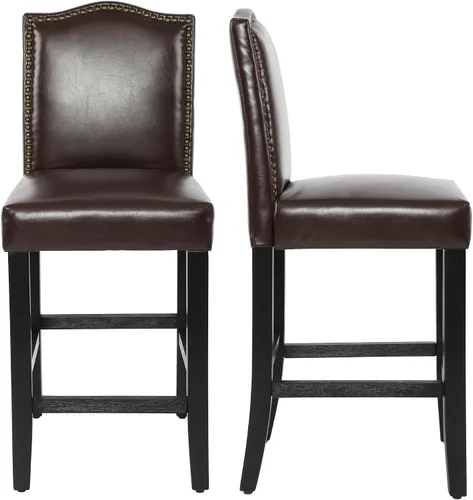 Miniatura 13 de LSSPAID Juego de 2 taburetes de bar, de 28.5 pulgadas, modernos tapizados de tela, taburetes de bar con respaldo de cabeza de clavo y patas de Beige