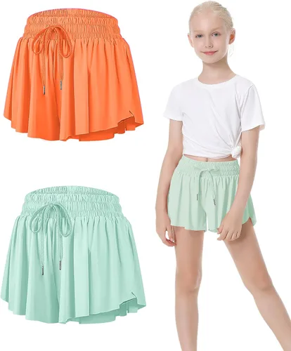 QooNoo Girls Butterfly Shorts with Pocket Flowy Athletic Shorts High Waist Preppy Running Shorts for Kids Teen