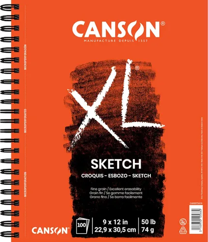 Canson Bloc de bocetos de papel serie XL para carbón, lápiz y pastel, encuadernado con alambre lateral, 50 libras, 9 x 12 pulgadas, 100 hojas