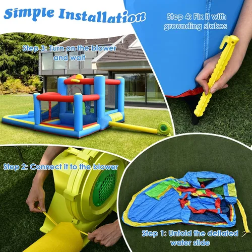 Miniatura 5 de BOUNTECH Tobogán acuático inflable, casa hinchable para niños de 5 a 12 años, para fiestas en interiores y exteriores, con soplador de 480 W, bolas