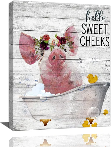 Arte de pared de baño de cerdo de granja, imágenes divertidas de cerdo para baño, decoración de pared rústica de cerdo, lienzo impreso, obra de arte