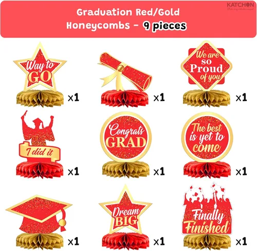 Miniatura 4 de KatchOn, Centros de mesa de graduación rojos y dorados para mesas 2026 – Paquete de 9 Centros de mesa de graduación 2026 para decoraciones