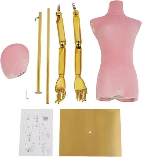 Miniatura 9 de Cuerpo de maniquí femenino Forma de vestido de tela de lino Manikin Torso con cabeza desmontable Altura ajustable Soporte de metal, para coser ropa