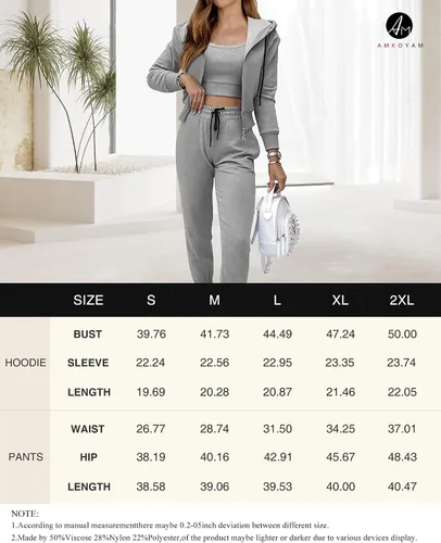 Miniatura 6 de Amkoyam Conjunto de dos piezas para mujer, de manga larga, con cremallera, sudadera con capucha y pantalones largos