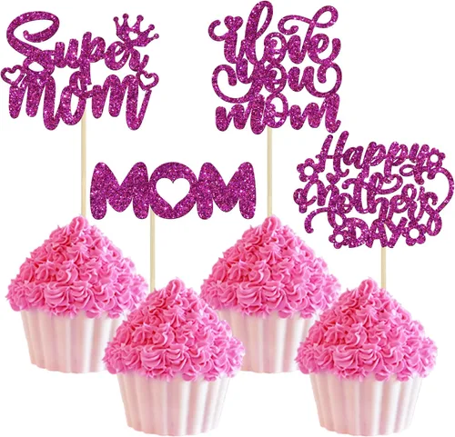 Miniatura 37 de Gyufise 1 pieza de decoración de pastel para el Día de la Madre con purpurina de corazón Love You Mom Cake Pick Rose Flower Best Mom Cupcake Decor