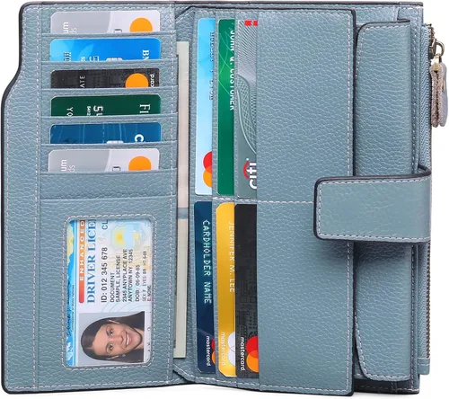 Miniatura 2 de SENDEFN Carteras de cuero para mujer, con bloqueo RFID, tarjetero con bolsillo con cremallera, Azulclaro, Cartera de gran capacidad
