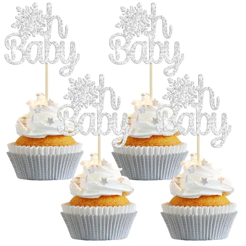 Miniatura 12 de Gyufise Paquete de 24 adornos de copos de nieve Oh Baby para cupcakes con purpurina azul Frozen Oh Baby Pick Decoraciones para baby shower