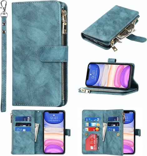 Funda tipo cartera compatible con iPhone 11, piel sintética azul de 6.1 pulgadas, PC, funda delgada de TPU con 9 ranuras para tarjetas, bolsillo con