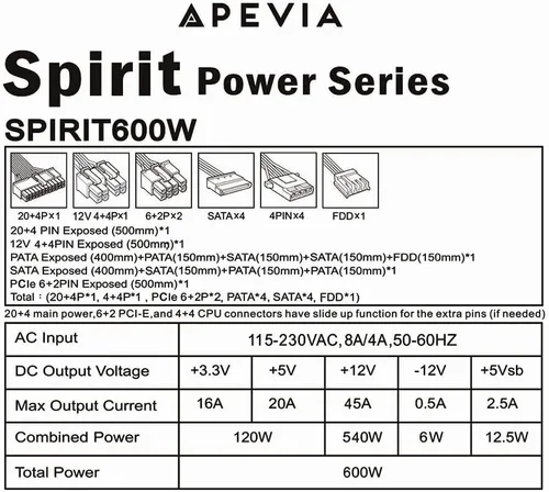 Miniatura 7 de Apevia SPIRIT600W Spirit 600W ATX fuente de alimentación con ventilador de 120 mm controlado térmicamente, interruptor 115/230V, todas