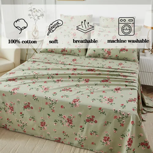 Miniatura 3 de FADFAY Juego de sábanas de cama tamaño King 100% algodón, color verde salvia, patrón floral de rosas rojas de campo francés, ropa de cama de lujo