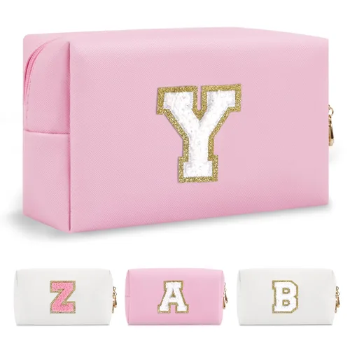 Miniatura 380 de Pequeña bolsa de maquillaje personalizada con inicial A-Z Preppy Patch, bolsa de cosméticos de viaje de felpilla blanca con cremallera, bonita bolsa