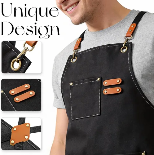 Miniatura 4 de Delantales de chef para hombres y mujeres con bolsillos grandes, delantal de lona de algodón resistente con espalda cruzada Negro