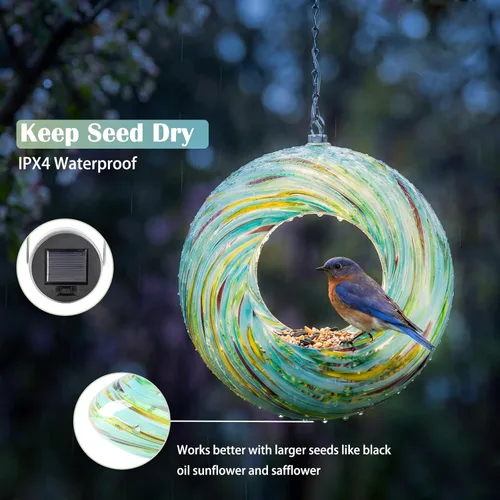 Miniatura 6 de Yinns Comederos de vidrio para pájaros colgantes en el exterior, comedero para pájaros con forma redonda solar para decoración de jardín de patio